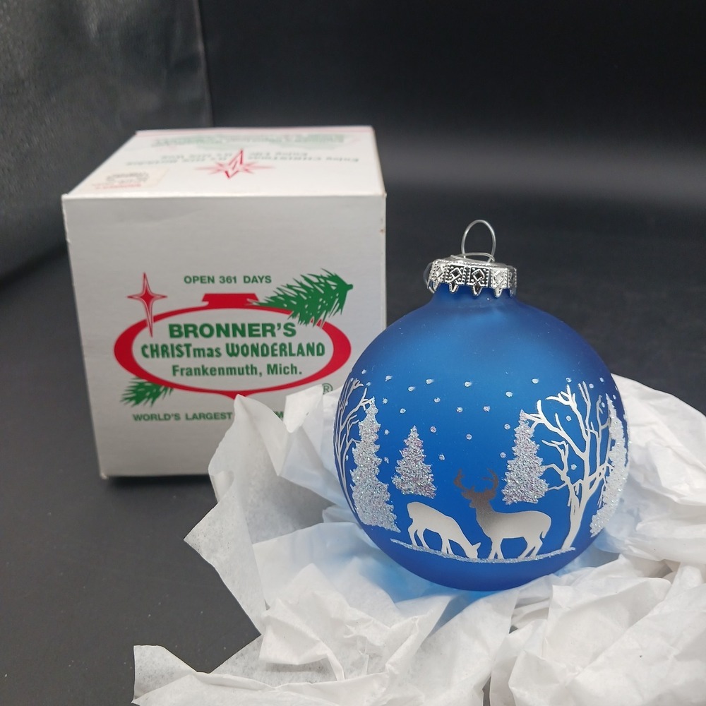 VINTAGE  Bronner's Glass Hanging Christmas Ornament Blue White Winter Scene NIB